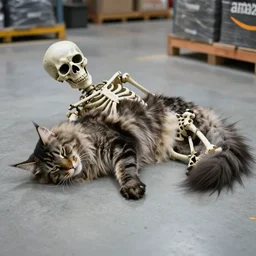 picture of frostmourne, the skeleton of a maine coon cat zombie sleeping on amazon warehouse factory floor
