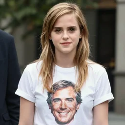 photography of emma watson wearing a shirt with jacques chirac face printed on the shirt