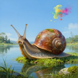 photo of a giant snail man, guardian of the holy lake, bizarre, moss, grassy, beautiful environment, flying clolorful ink, clear blue sky, digital painting, highly detailed, masterpiece, art by andreas achenbach, august macke, alice bailly