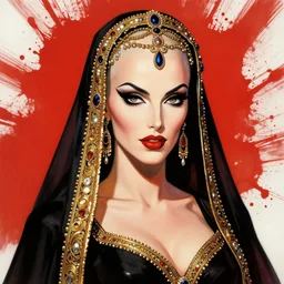 portrait of bald iranian vampiress, jeweled veil, strong line, saturated color, beautiful! coherent! by frank frazetta, high contrast, blood splatter background