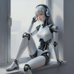 cyborg - girl with silver hair, wearing headphones, and sitting on a window sill, highly detailed, painting, dark blue and black color palette, intricate, high quality anime artstyle, in the style of ilya kuvshinov