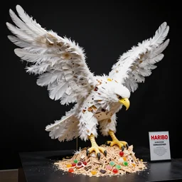 pieces of a ripped flag!!!, white chicken feathers, saw dust and haribo candy molten and carefully restructured into a beautiful!!!, abstract!!!!!!! sculpture of a hawk, museum display, black backdrop, high contrast, award winning photo, dslr, high quality