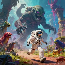 An astronaut has a treasure with him, he is running away from the giant Cthulhu that is behind hunting him, this is an extravagant planet with wacky wildlife and some mythical animals, the background is full of ancient ruins, the ambient is vivid and colorful with a terrifying atmosphere, by Jordan Grimmer digital art, trending on Artstation,
