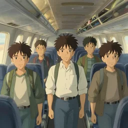 five man going to the plane, close view, painting by craig mullins, octane rendering, soft morning lighting, wide angle lens, in the style of hayao miyazaki, trending on artstation,