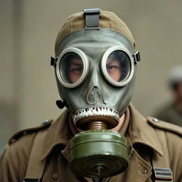 person wearing scary gas mask, ww2 technicolor film photo, grainy, high detail, high resolution