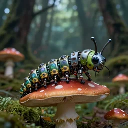 portrait of an intricate mechanical caterpillar sitting on a mushroom in a magical forest. Very detailed 8k. Fantasy cyberpunk horror. Sharp. Cinematic post-processing