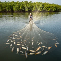 photo of a fisherman in a lake pulling the fish net full of fish, mangrove vegetation in the far background, raytracing effects, dynamic lighting, hd, 2 4 mm