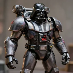 huge power armor with servos from fallout in the style of Darth Vader from star wars, realism, depth of field, focus on darth vader,