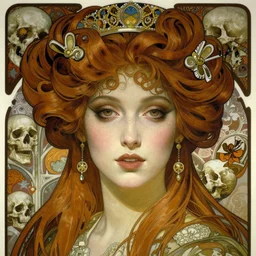 realistic detailed face portrait of young Ghostly Gothic Vampire Queen Marie Antoinette by Alphonse Mucha, Ayami Kojima, Yoshitaka Amano, Charlie Bowater, Karol Bak, Greg Hildebrandt, Jean Delville, and Mark Brooks, Art Nouveau, Pre-Raphaelite, Memento Mori, skulls, Neo-Gothic, gothic, Art Nouveau, intricate fine details, exquisite, rich deep moody colors