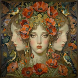 breathtaking detailed concept art painting art deco pattern of faces goddesses of poppy flowers with anxious piercing eyes and blend of flowers and birds, by hsiao - ron cheng and john james audubon, bizarre compositions, exquisite detail, extremely moody lighting, 8 k