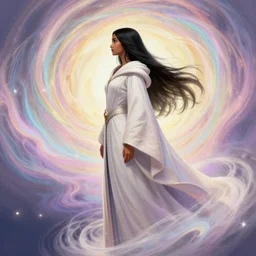 side profile, maya ali, wizard, gloomhaven, elden ring concept art, robes, elegant, highly detailed, smooth, colorful swirly magical ripples, pastel colors, by huang guangjian, sachin teng, greg rutkowski, jesper ejsing, ilya kuvshinov, artgerm, mucha