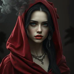 digital art of a beautiful lady half necromancer, made of red gucci fabric, dust particles, broken metal and black smoke, hyper realistic portrait full of details, canon eos, zbrush, artstation, greg rutkowski