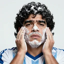 a realistic photo of Diego Maradona covered in talcum powder