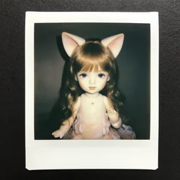 polaroid of a porcelain doll with cat ears