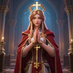 a saint noble high priestess pray for god in church, as a league of legends character, chic clothes, cross key visual, masterpiece, cg animation, riot enterainment, arcane, realistic, hyper detailed, character select portrait, by artgerm, kyoung hwan kim, loish, drew struzan, 3 d