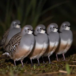 a row of fat bearded reedlings, at night
