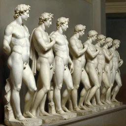a line of detailed white stone male statures lined up, oil paint, classic art, 1 6 century style, volume light