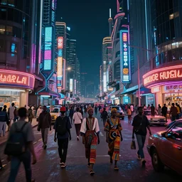 ndebele cyberpunk city of the future, bustling street scene, ndebele neon lights, ndebele fashion, high definition, detailed, futuristic, night scene, realistic
