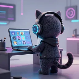 funky cyberpunk cat in headphones listen to some music, using laptop, vie from behind, extremely detailed, sharp focus, wide view, full body shot, smooth, digital illustration, by james jean, by rossdraws, frank franzzeta, mcbess, sakimichan, brosmin, danton fadeev, steve simpson