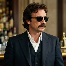 long shot of julius ceasar look - alike with dark hair, mustache, looking towards right side of camera, wearing sunglasses and suit in front of the bar, photorealistic, cinematic