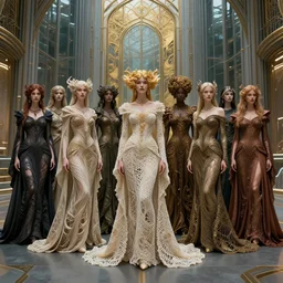 a group of rich fantasy crearures with various, elaborate, intricate, silken, flowing, crocheted, gowns and robes, well dressed, stand in a cyberpunk, art nouveau hall, steel architecture, large glass windows, gold, high fantasy, octane render, alphonse mucha, jesper ejsing, aesthetic, matte painting concept art, trending on artsstation