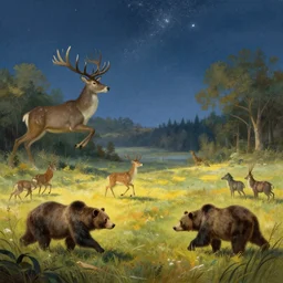primordial nature beasts far away running stars giant deer wilderness animals fields woodlands bears llustration sharp focus sunlit vista starlight painted ruan jia raymond swanland lawrence alma tadema zdzislaw beksinski norman rockwell tom lovell alex malveda greg staples