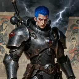 portrait of gothic and futuristic young man, warhammer, cyber armor, a lot of scars, thunderstorm, blue head, red eyes, the middle ages, highly detailed, artstation, in the style of moebius, jugendstil and classic japanese print, art by vincent disederio and jean delville