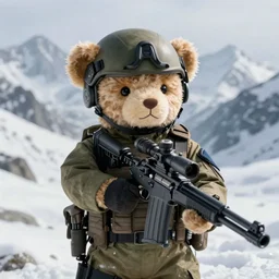 cinematic shot of a teddy bear as a special forces soldier holding a sniper rifle in a snowy mountain range, 8 k, depth of field, very detailed,