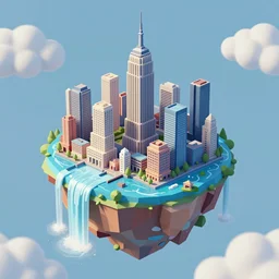 low poly art of a round floating island surrounded by waterfalls in the sky with the skyscrapers of New York on it, isometric art, 3d render, ray tracing, high detail, artstation, concept art, behance, smooth, sharp focus, ethereal lighting, unreal engine 5