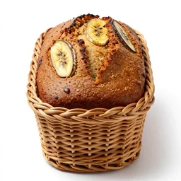 wicker loaf of banana bread, high detail macro photography, isolated on a pure white background, centered, entire object in frame, sharp focus, soft studio lighting
