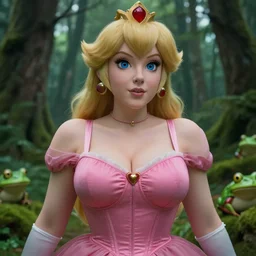 intricate real life princess peach, tight push up bra, really large bust, forest, frog, cinematic, aesthetics, full pov