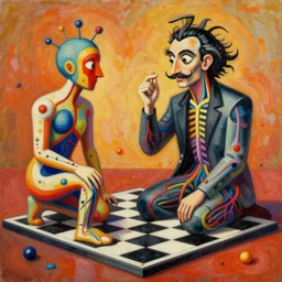 an extremely high quality hd surrealism warm painting of a 4 d perspective neon complimentary - colors cartoon surrealism melting sculpture composition of zaha hadid biological anatomical chess player by a much more skilled version of kandinskypicasso and salvia dali the fourth, salvador dali's much much much much more talented painter cousin, 8 k, ultra realistic, nerves, veins, arteries