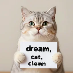 realistic high quality photo of a cute cat holding a sign with text that reads : dream, cat, cas, cat