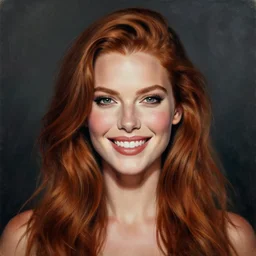 epic painting drawing, full portrait of a beautiful supermodel ( ( ( smiling ) ) ), long brown red wavy hair, photography by amy leibowitz, wlop, jeremy lipkin, beeple, intricate, symmetrical front portrait, artgerm, dark smoky background