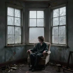 detailed photograph person sitting armchair in bay windows abandoned spooky misty ominous well defined