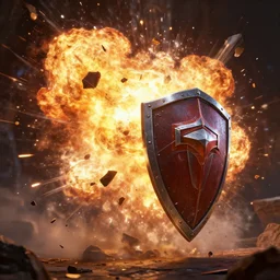 shield explosion with many flying pieces, fantasy, style artstation, style greg rutkowsk, octane render, unreal engine 6, epic game graphics, fantasy, conceptual art, ray tracing