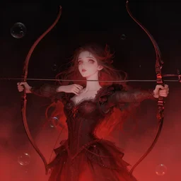 portrait of magical archer , dark fantasy, gradient red black, dreamy and ethereal, (colour) eyes, one head, golden ratio, peaceful expression, ornate frilly dress, fantasy, intricate, elegant, rainbow bubbles, highly detailed, digital painting, artstation, concept art, smooth,b sharp focus, illustration, art by artgerm and greg rutkowski and alphonse mucha