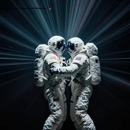 concept art by craig mullins infrared complex and hyperdetailed astronauts hugging in futuristic dark and empty spaceship underwater. reflection and dispersion materials. rays and dispersion of light. volumetric light. 5 0 mm, f / 3 2. noise film photo. flash photography. unreal engine 4, octane render. interstellar movie art