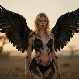 pretty blond girl with outstretched raven wings raven feathers growing out of her skin, golden hour, caustics, shallow depth of field, moody lighting, 8 k, concept art,