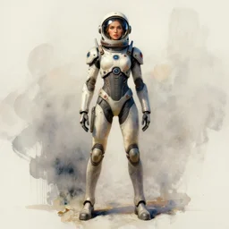 female, full body, wide shot, modern space suit, intriguing helmet, stylized character design, the expanse tv series, large shoulders, short torso, long thin legs, tiny feet, science fiction, hyperdetailed, technical suit, dieselpunk, watercolor digital painting, in the style of bruce timm, by alex maleev