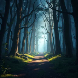 a wholesome animation key shot of a path through ominous creepy forest by studio ghibli, animation, sharp, rendered in unreal engine 5, focused, anime key art by greg rutkowski, donato giancola, bloom, dramatic lighting