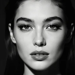 black and white vogue closeup portrait by herb ritts of a beautiful young model, lips, mascara, eyebrows, high contrast