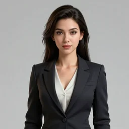 a highly detailed portrait of a beautiful dark hair business women, centered medium shot, elegant, ornate detail, unreal engine, octane render, photorealism, art by wlop,