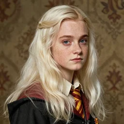 luna lovegood portrait at diverse angle, peaceful lighting, freckles, long blond platinum hairs, evanna lynch, character from harry potter, textured wallpaper background, old tint