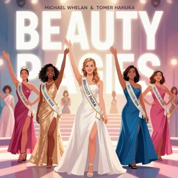 poster artwork by Michael Whelan and Tomer Hanuka, Karol Bak of Emma Watson and Kiernan Shipka in beauty pageant, from scene from Twin Peaks, clean, simple illustration, nostalgic, domestic, full of details