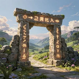 a beautiful landscape with a stone portal to a parallel world. magic glow. runes. artstation trend, 4 k. wow. octane render. by greg rutkowski, ferdinand knab, makoto shinkai. digital render