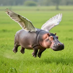 a hippopotamus with angel wings flying over a green field, award winning photography