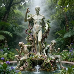 a statue of nyarlathotep and cthulhu atop a fountain in a lush dense verdant garden by albert bierstadt and william etty and ferdinand knab and gil elvgren, statue made of flesh, lovecraft, mist, hyperrealism, volumetric lighting, god rays, ultrafine details, sfumato, purple flowers, overgrown