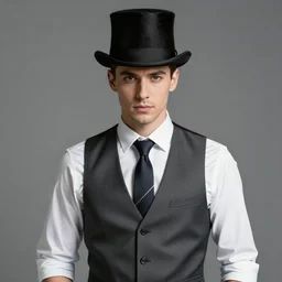handsome man wearing a white shirt and a vest and a necktie and a top hat, medium shot, photography, high quality, studio lighting, 4k,