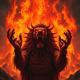 extremely scary horror portrait of elmo raising his hands in front of massive endless apocalyptic flames, epic fantasy art by michael whelan